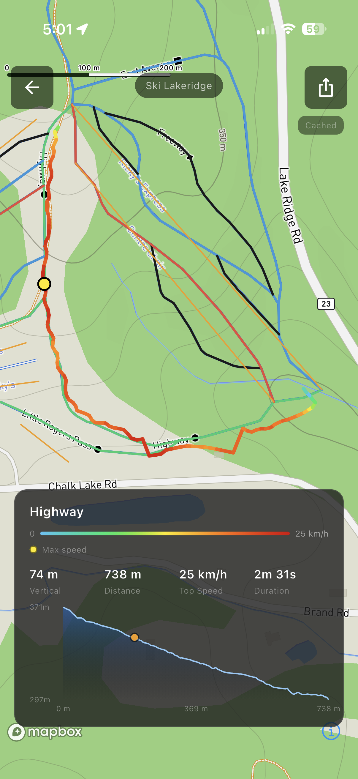 Live GPS tracking showing a completed run with speed-coloured path and per-run stats: vertical drop, distance, top speed, and duration