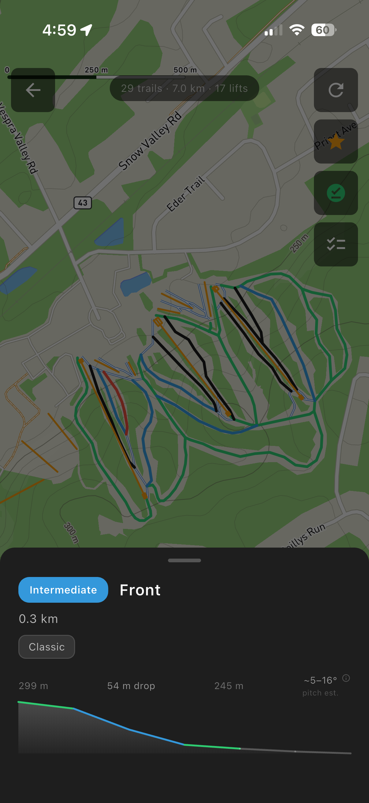 Trail tapped on map showing name, difficulty, length, and elevation profile