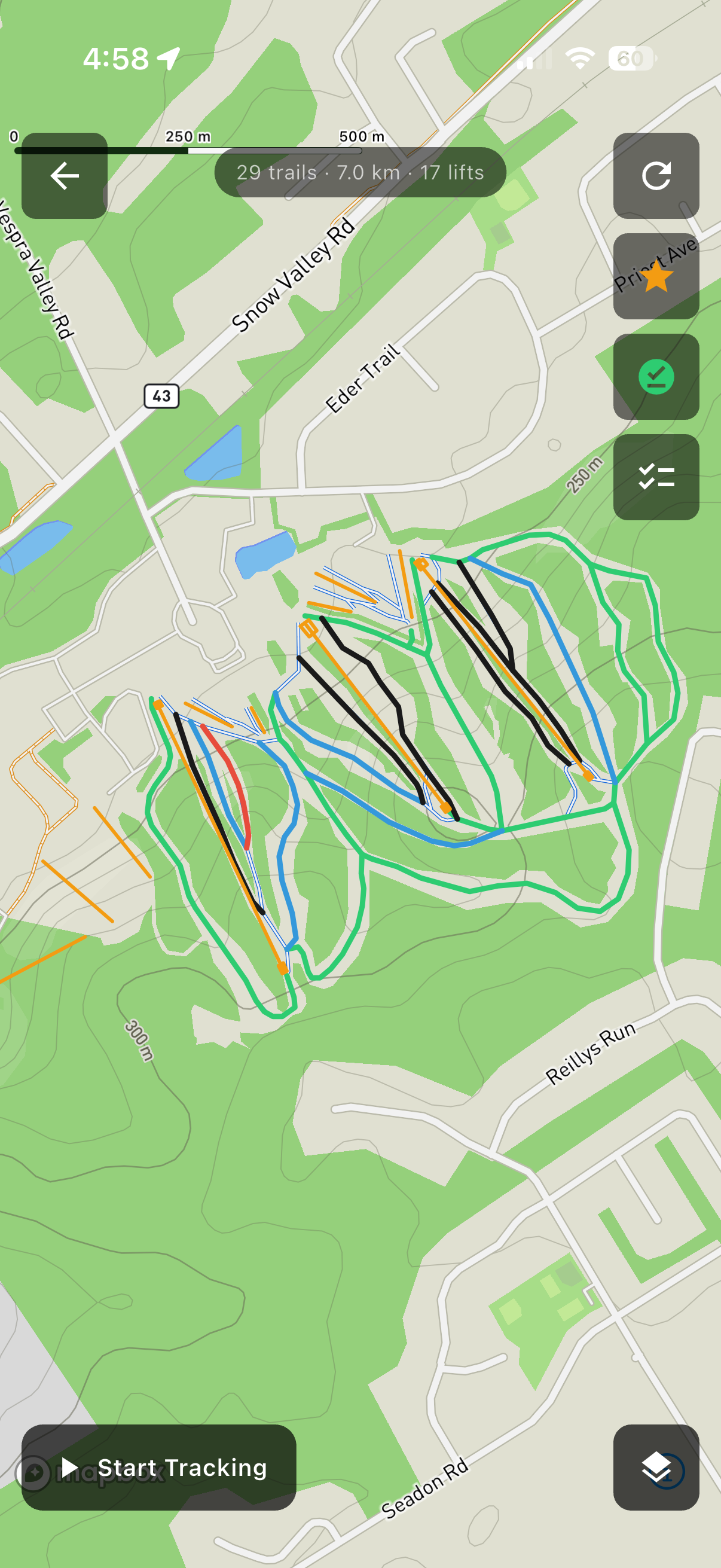 SkiMap app showing an interactive trail map of Snow Valley Ski Resort with colour-coded runs and lifts